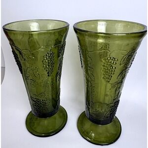 Vintage Indiana Glass Green Grape Harvest Pressed Glass Trumpet‎ Vases Set of 2
